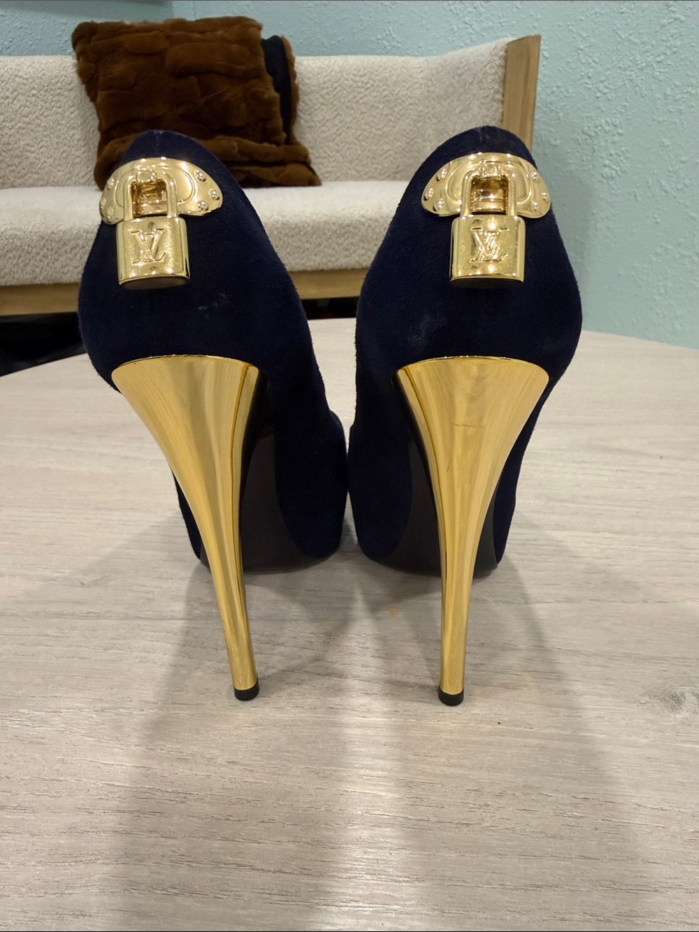 Louis Vuitton Navy Suede Pumps with Gold Lock & Stiletto Heels